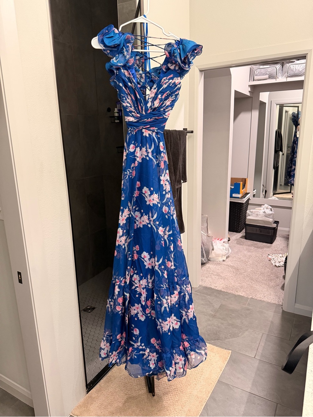 Mac Duggal Royal Blue Floral Ruffle Strap Maxi Dress